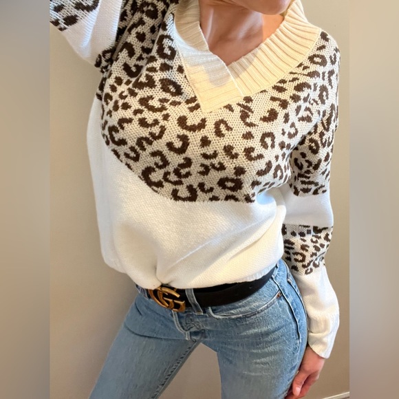 Leopard colour block V neck pullover sweater - Picture 2 of 10